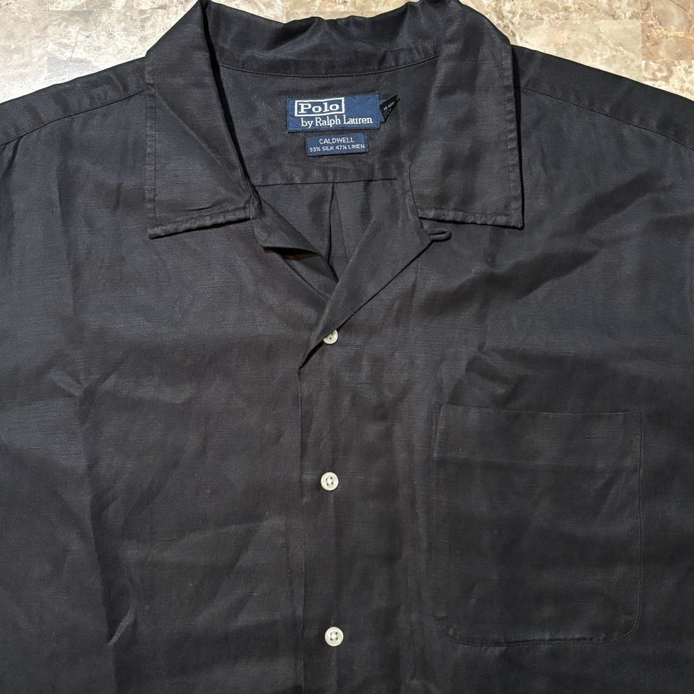 Polo Ralph Lauren Shirt Mens XL Black Caldwell Linen Silk Camp Loop Collar